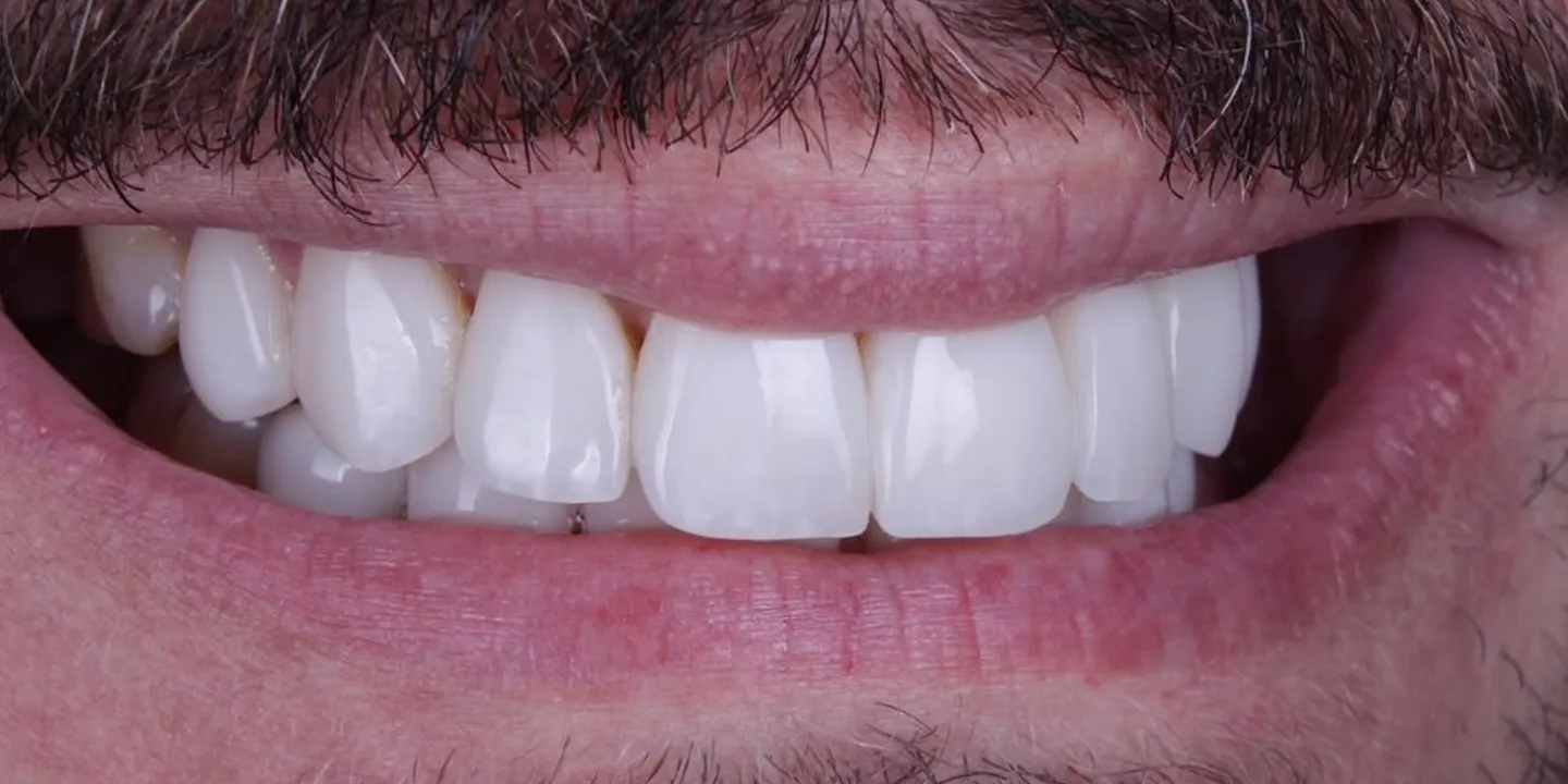 Depois do tratamento com facetas, dentes alinhados, caso concluído