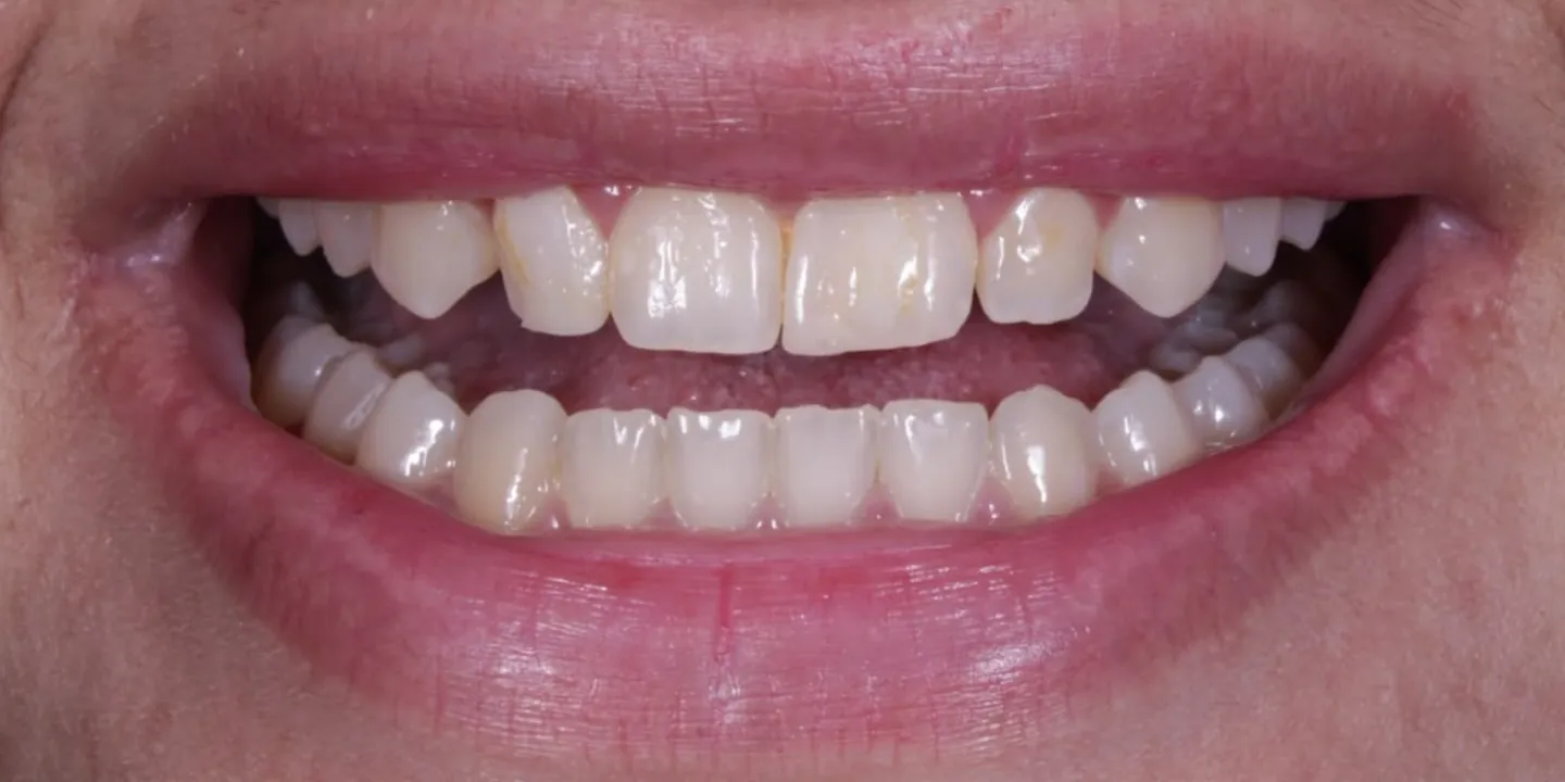 Sorriso de uma paciente antes do tratamento, com dentes amarelados nas duas arcadas